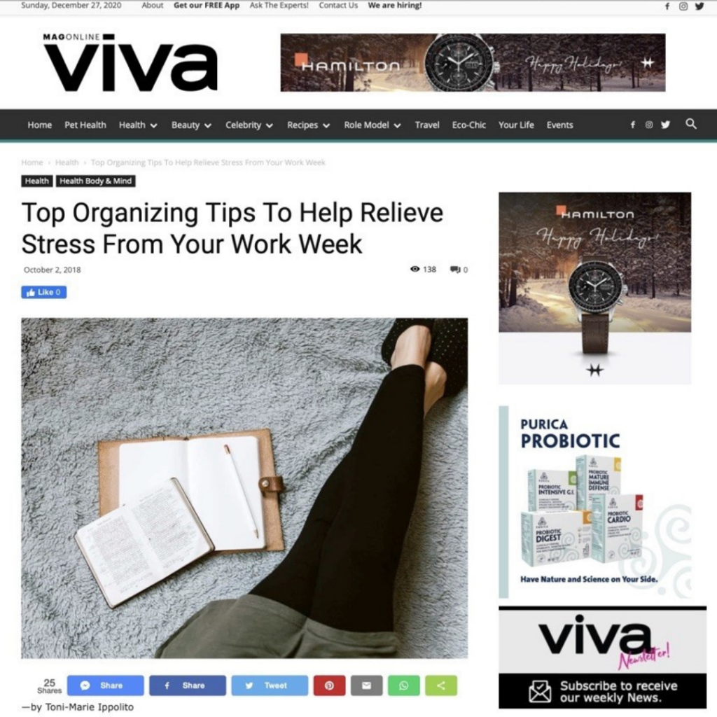 Viva Mag Online Article: Top Organizing Tips To Help Relieve Stress From Your Work Week