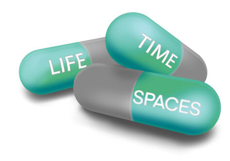 Graphic of three capsules with the words LIFE, TIME and SPACES on them.